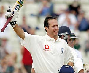 Michael Vaughan celebrates reaching his century at Edgbaston