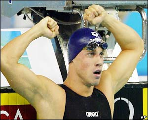 Germany's Thomas Rupprath celebrates breaking the world record