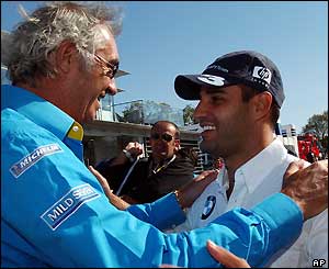 Williams Renault team manager Flavio Briatore congratulates Juan Pablo Montoya