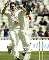James Anderson celebrates bagging the wicket of Herschelle Gibbs 