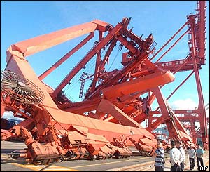 Collapsed container cranes at Busan Port