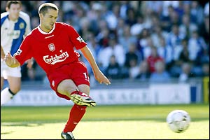 Liverpool's Michael Owen takes a penalty at Ewood Park