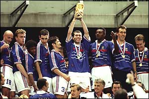 Zinedine Zidane (centre) lifts the World Cup after France win on home soil in the 1998 final