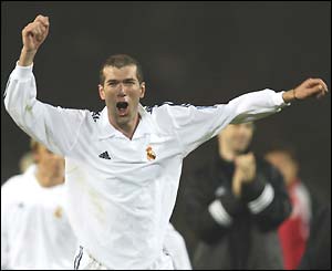 Zidane celebrates his wonder goal in the 2002 Champions League final