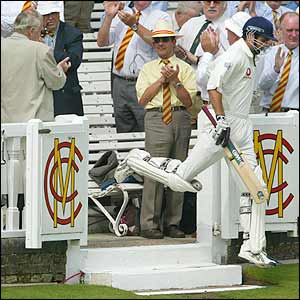 Michael Vaughan gets a round of applause as he comes out to bat 
