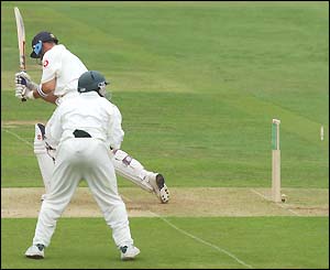 Nasser Hussain is bowled by Andrew Hall for 14