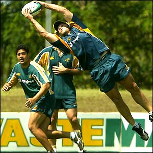 Australia's Nathan Grey leaps to catch the ball during a Wallabies training session at the Optus Oval in Darwin