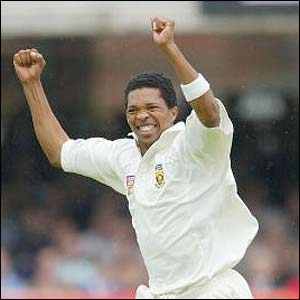 Makhaya Ntini celebrates the dismissal of Michael Vaughan for 33
