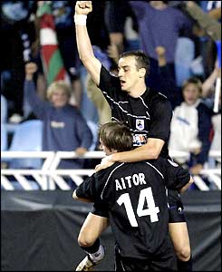 Darko Kovacevic is lifted high after scoring a late penalty