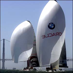 Oracle BMW Racing gets ahead of Swiss Team Alinghi during the Moet Cup held in San Francisco Bay