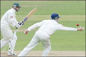 Marcus Trescothick narrowly misses a chance to end Kirsten's innings