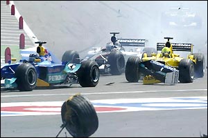 The Sauber of Frentzen and Jordan of Firman also get caught up in the crash