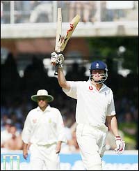 Andrew Flintoff breaks his bat during his innings