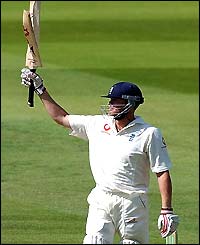 Andrew Flintoff shows off his broken bat