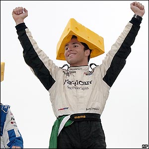 Brazil's Bruno Junqueira celebrates on the podium
