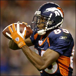 Ashley Lelie of the Denver Broncos scores a touchdown against Oakland Raiders as the Broncos make a great start 