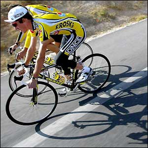 Spain's Isidro Nozal of team Once, current leader of the race, rides with team-mate Abraham Olano during a training session during a rest day of the 58th Tour of Spain in Jaen