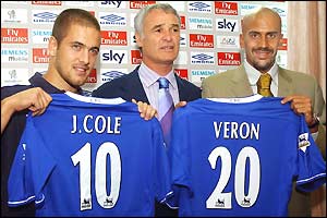 Chelsea's new signings Joe Cole and Juan Sebastian Veron (right) are paraded by manager Claudio Ranieri (centre)
