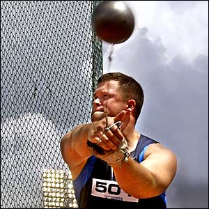 James Parker throws the hammer at the Pan American Games - the American won the silver medal with a throw of 74.35m