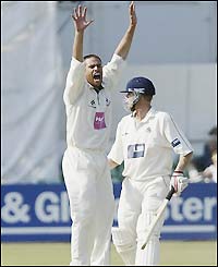 Andrew Hall celebrates Andrew Flintoff's wicket