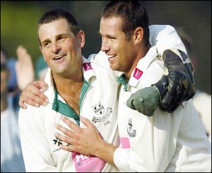 Andrew Hall celebrates Worcestershire's win