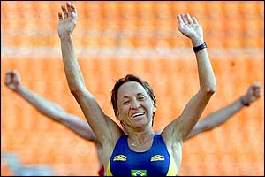 Brazil's Marcia Narloch celebrates as she crosses the finish line to claim the women's marathon gold at the Pan American Games 