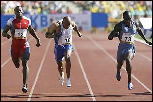Namibian veteran Frankie Fredericks competes in the 100m