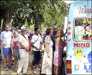 Queues formed for icecream at a cricket match in Surrey
