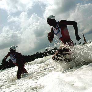Triathletes exiting the water at the Pan American Games