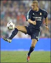Real Madrid's David Beckham controls the ball during the game at Valencia