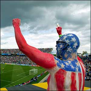 A United States fan shows his support for his team at the match against Korea