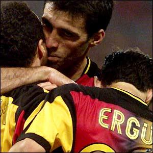 Galatasaray's players celebrate a goal in their 3-0 victory over CSKA Sofia