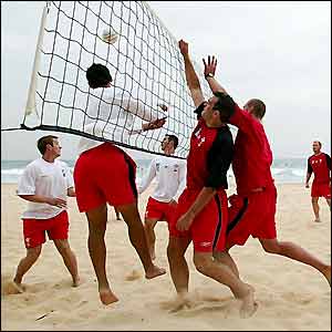 Welsh rugby squad play volleyball