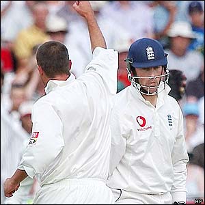 Andrew Hall celebrates as he bowls Marcus Trescothick for 24 