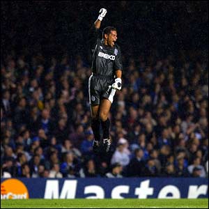 Besiktas' Oscar Cordoba celebrates their second goal against Chelsea