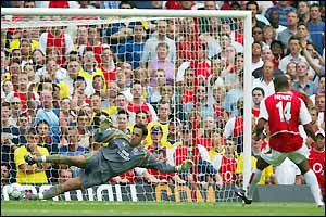 Arsenal's Thierry Henry scores from the penalty spot past Everton's Richard Wright