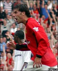 Ruud van Nistelrooy celebrates hitting Man Utd's fourth goal