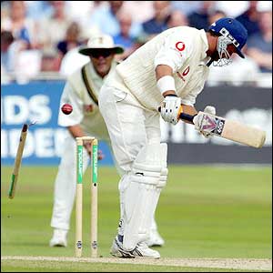 Mark Butcher is bowled by Andrew Hall's first delivery of the day
