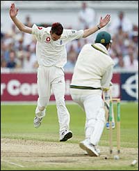James Anderson celebrates as South Africa lose the vital wicket of Jacques Kallis