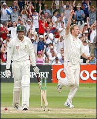 England's Andrew Flintoff dismisses Shaun Pollock