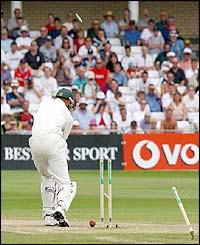 Shaun Pollock is bowled by Andrew Flintoff
