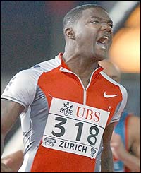 USA's Justin Gatlin finishes the 100m