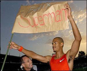 Felix Sanchez of the Dominican Republic celebrates winning the 400m