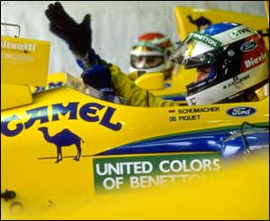 Benetton's Michael Schumacher gestures in the pits in 1991 