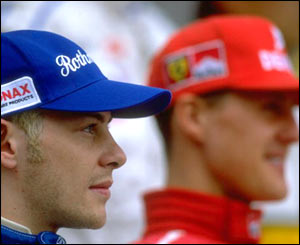 Jacques Villeneuve and Michael Schumacher at a press conference 