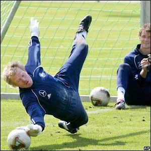 German goalkeeper Oliver Kahn stretches for a ball