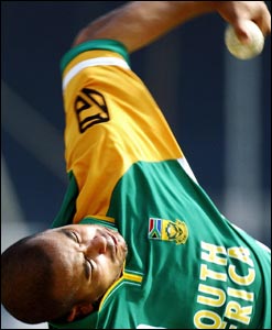 South African spin bowler Paul Adams bowls during a net session in Faisalabad ahead of the third one-day international between South African and Pakistan