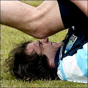 Argentine flanker and number eight Pablo Bouza grimaces during training ahead of the opening match of the Rugby World Cup against Australia in Sydney