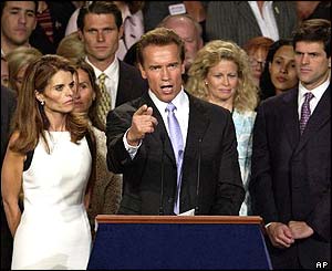 Arnold Schwarzenegger adresses supporters