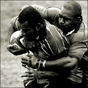 Fijian winger Epeli Riuvadra and centre Aisea Tiulevu practice during a training session at the Gold Coast Stadium in Carrara